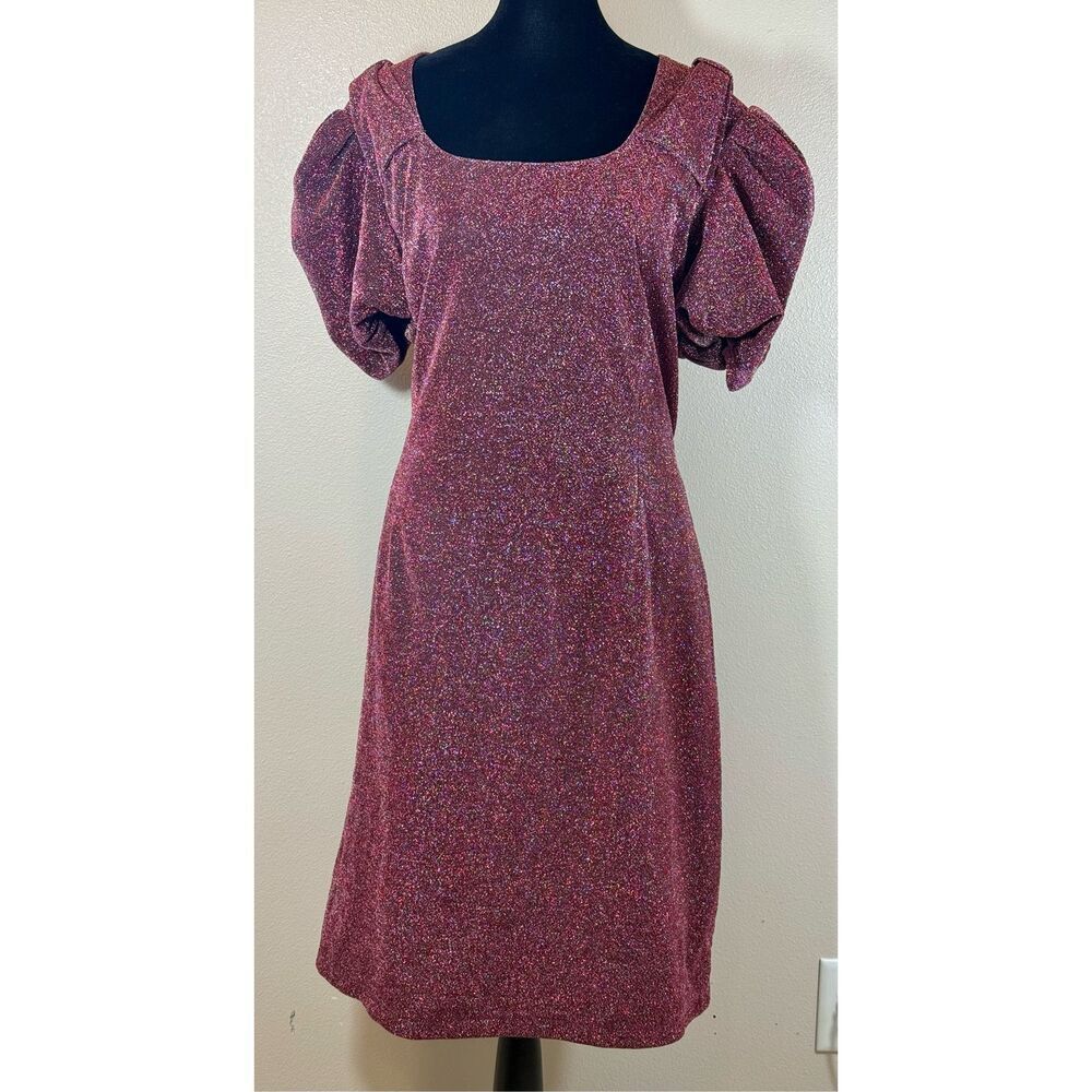 NWOT Ivy City Co Nina Bow Puff Sleeve Holiday Sparkle Women's Burgundy Dress 1X